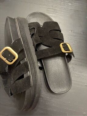 Black Suede Platform Slide Sandals with Gold Buckle